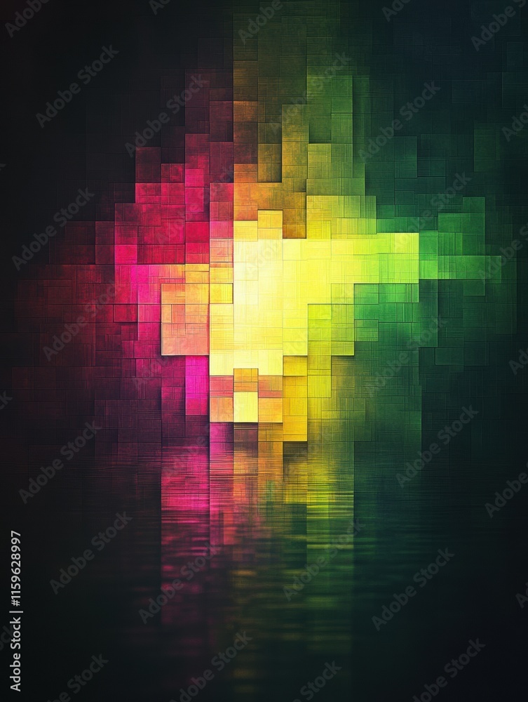 Fototapete Colorful abstract glowing mosaic with pixelated elements creating a vibrant visual experience in darkness. Generative AI