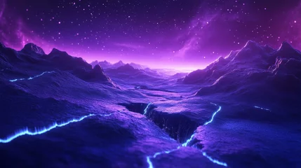 Gardinen Alien planet landscape with neon light glowing from cracks. Vector cartoon illustration of futuristic space background for game ui design, purple and blue hills, metaverse world, stars in night sky © Sehraye