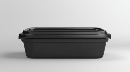 Black square plastic container with cap for food storage. Realistic 3d vector illustration set of top and side view box mockup for product keeping and take away concept. Package for lunch meal.