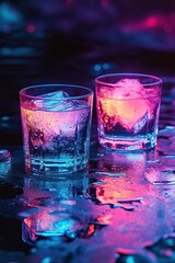 Strong alcoholic drink in frozen glasses. Flooded glasses with ice on a black reflective background. neon light.
