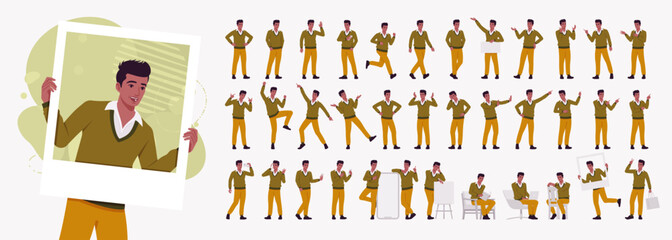 Handsome dark skin man young active character set, office life bundle. Indian guy in v-neck pullover knit sweater modern casual look, authentic pakistani indian male model. Vector illustration