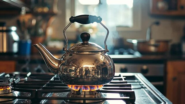 a metal kettle standing on a gas stove. The burner flame is on