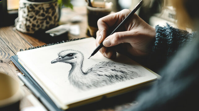 Ostrich drawn with a pen. The hand draws an ostrich in a school notebook