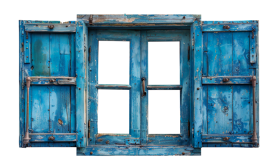 Old vintage blue wooden window on a transparent background