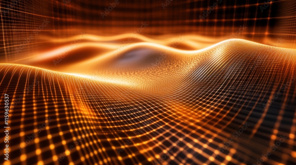 Wall mural abstract orange grid network digital wave data flow visualization