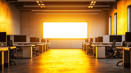 Blank whiteboard with planning notes, modern office lighting creating a balanced glow, a spacious workspace with large desks and ergonomic seating, a collaborative environment with employees