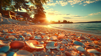 Obraz premium Sunset beach scene with shells and pebbles.