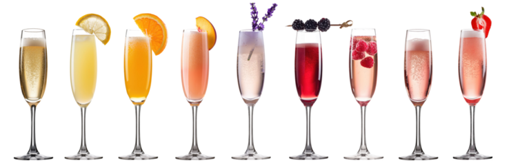 champagne collection cocktails: Classic, French 75, Mimosa, Bellini, Lavender, Kir Royal, Raspberry Fizz, Rose, Strawberry Sparkle