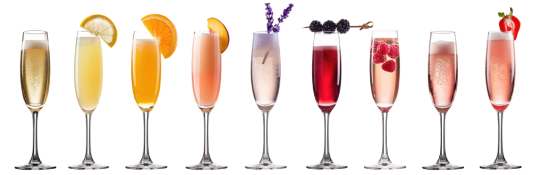 champagne collection cocktails: Classic, French 75, Mimosa, Bellini, Lavender, Kir Royal, Raspberry Fizz, Rose, Strawberry Sparkle