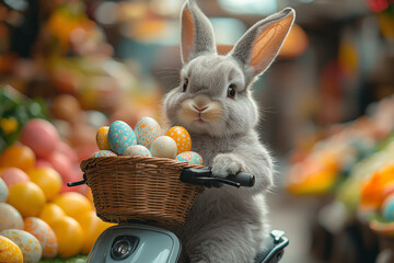 A trendy Easter Bunny riding a modern electric scooter with a basket full of eggs