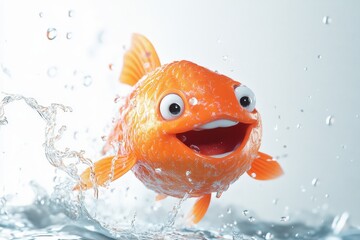 Vibrant orange fish in mid-air amidst water droplets