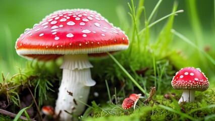 fly agarics in green grass