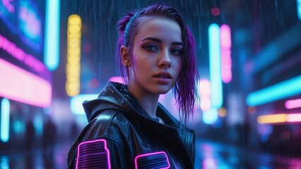 Obraz premium portrait of beautiful young woman in rain in cyberpunk style in neon colors of street