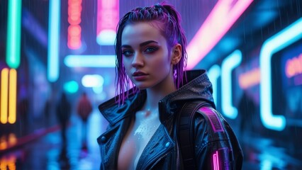Obraz premium cyberpunk style portrait of a young woman in the rain