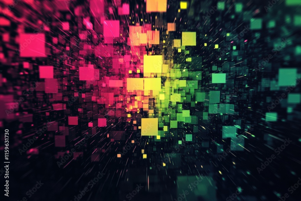 Fototapete Glowing abstract mosaic artwork with pixelated elements in vibrant colors and dynamic patterns. Generative AI