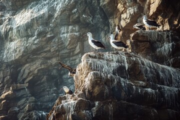 Albatrosses perched on rock in rugged coastal landscape
