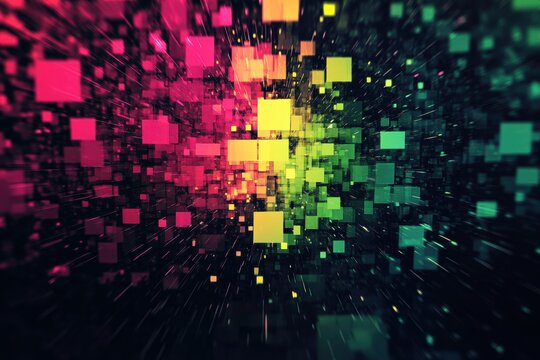 Glowing abstract mosaic artwork with pixelated elements in vibrant colors and dynamic patterns. Generative AI