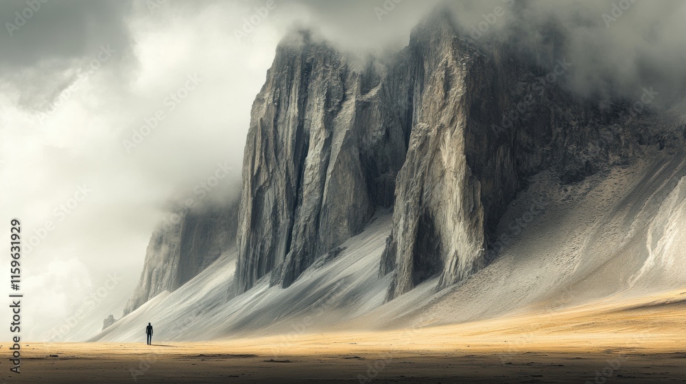 Poster Lone figure exploring the vastness at the base of a towering mountain under a cloudy sky. Generative AI