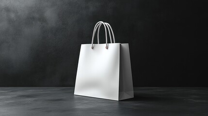 Blank white paper shopping bag on dark background.