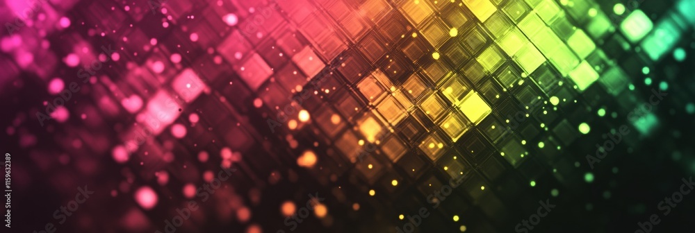 Aufkleber Glowing mosaic with pixelated elements creating vibrant patterns in shades of pink, green, and yellow. Generative AI