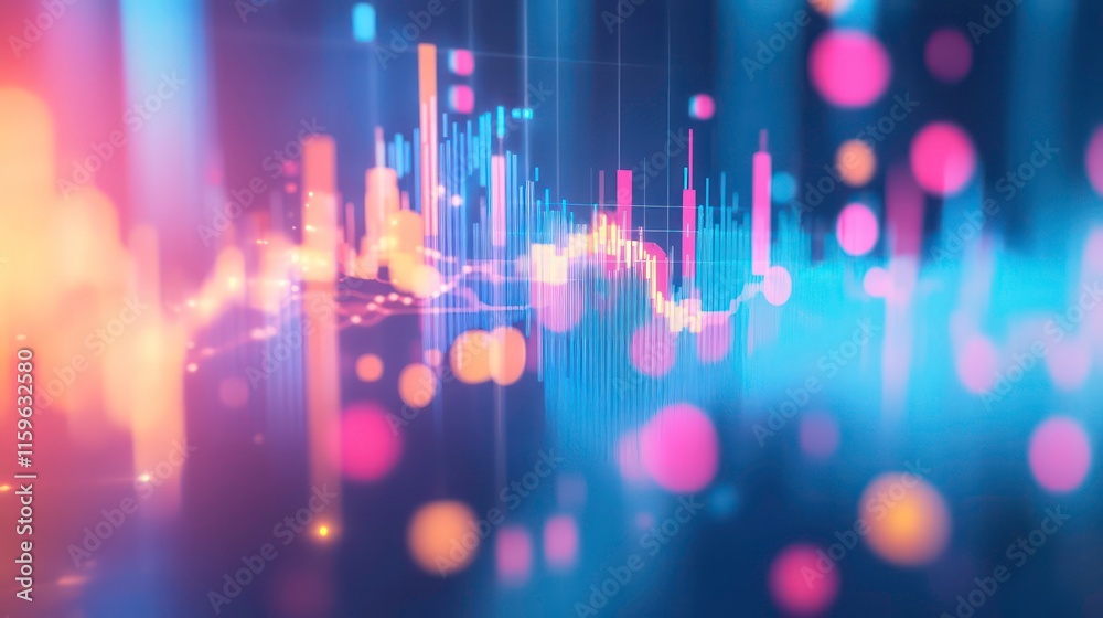 Poster Abstract colorful data visualization with glowing lines and bokeh effects, representing financial market trends or technological progress.
