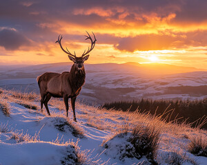 Majestic deer standing in a snowy landscape at sunrise, surrounded by a glowing winter horizon and frosted fields.