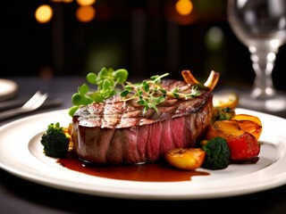 Deliciously cooked steak featured on a white dish, accompanied by seasonal vegetables and drizzled with savory sauce, appealing to food lovers and perfect for cookbooks or dining guides.