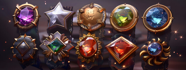 For game gui UI design, precious stones in gold and silver frames with stars and fantasy frames. Modern illustration.