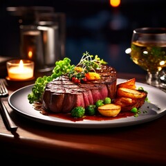 Elegant dish of perfectly seared steak with colorful accompaniments, garnished with fresh herbs, ideal for showcasing fine dining experiences in food blogs, advertisements, or social media posts.
