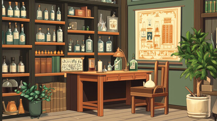 Fototapeta premium Cartoon set of furniture for alchemist room interior design. Vector illustration of wooden desk, chair, shelf with glass potion bottles and flasks, old books, ancient posters, potted plant and candle