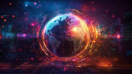 Obraz premium Futuristic glowing Earth globe surrounded by digital data streams and circuit lines.