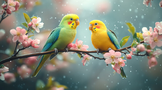 Pair of parakeets perched on a tree branch