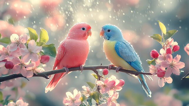 Pair of parakeets perched on a tree branch