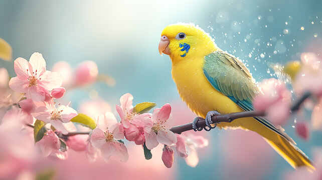 Pair of parakeets perched on a tree branch
