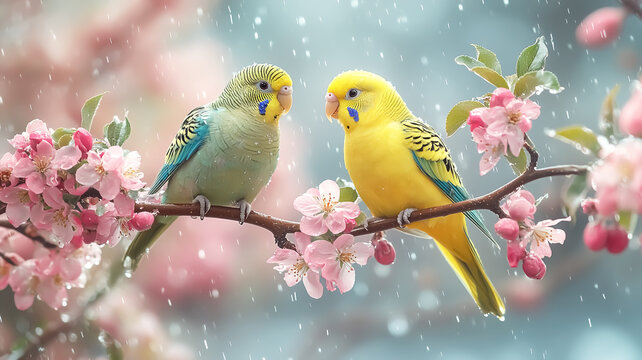 Pair of parakeets perched on a tree branch