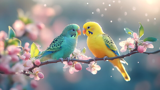 Pair of parakeets perched on a tree branch - Powered by Adobe