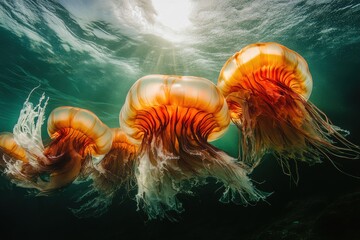 Vibrant lions mane jellyfish in dramatic underwater setting