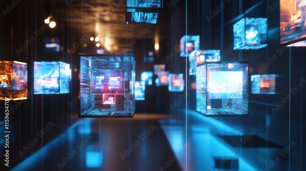 Poster Floating abstract cubes display multimedia symbols in a modern exhibition space during an immersive art event. Generative AI