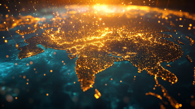 Light rays map of Russia. Hologram map of Russia. Golden glitter map of Russia. Map of Russia of gold dust and particles.