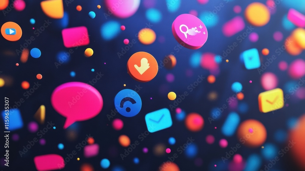 Poster colorful digital icons float against a dark background, showcasing social media interaction and onli
