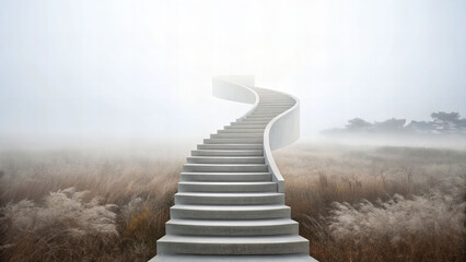 Monochrome stairway to nowhere foggy landscape abstract photography serene environment elevated perspective