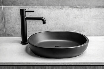 Monochrome modern bathroom sink design contemporary home product photography minimalist space close-up view