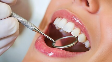 Minimalist dental office with cool lighting highlighting the dental checkup procedure, dentist carefully inspecting the teeth, focus on sparkling white enamel under soft, even lighting, clean