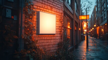 Illuminated blank sign on brick wall at night, narrow street background.
