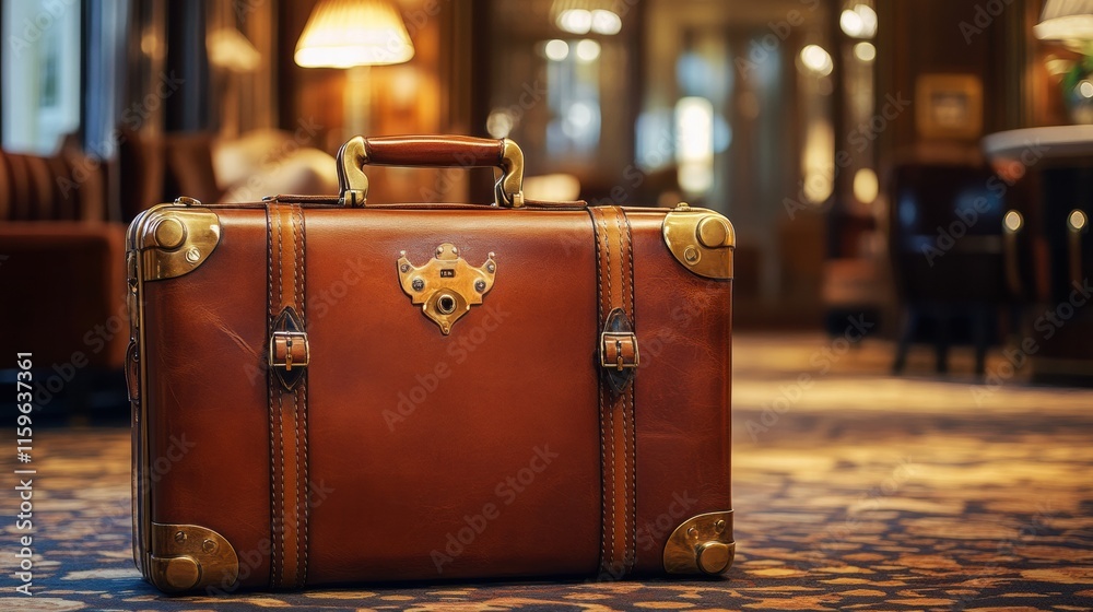 Poster luxurious leather suitcase with golden hardware placed in elegant hotel lobby during evening hours. 