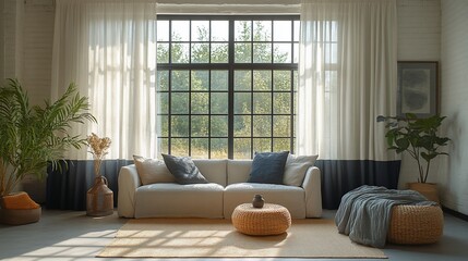 Obraz premium Modern Living Room With Large Window And Comfortable Sofa