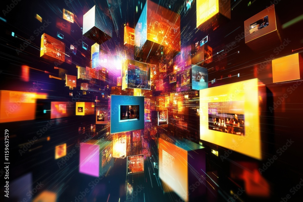 Leinwandbilder Floating cubes display abstract text, photo, and video symbols creating a vibrant digital landscape. Generative AI