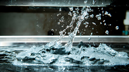 Water pours onto gray, textured substance; splash.