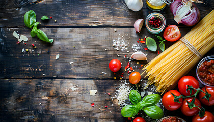 Spaghetti bolognese pasta with tomato sauce and minced meat, grated parmesan and fresh basil - homemade healthy italian pasta on rustic wooden background