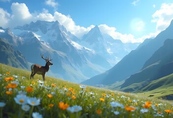 Wild deer in mountain meadow with colorful wildflowers. Majestic alpine landscape with snowy peaks. Nature wildlife scene in summer valley. Scenic outdoor view for tourism